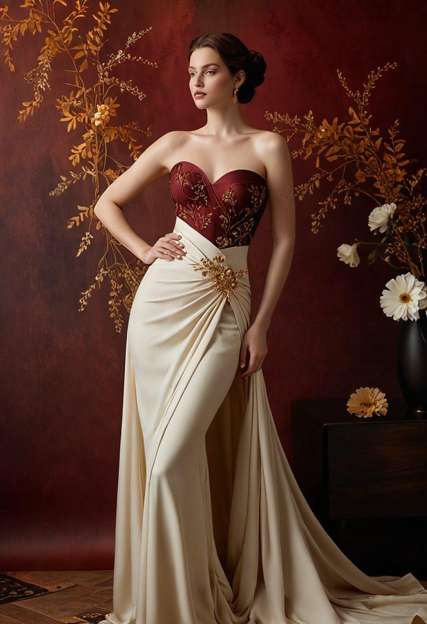A striking and elegant silhouette of a curvy figure, gracefully posed in soft, flowing fabrics that enhance the natural shapes. Surrounding the figure, subtle motifs of empowerment and sensuality, like delicate flowers and soft lighting creating an inviting atmosphere. The color palette should be rich and warm, evoking feelings of sophistication and maturity. Include hints of abstract elements symbolizing exploration and connection. - super-realistic - warm colors - abstract elements.
